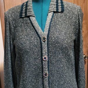 St. John Sport By Marie Gray, Green Tweed knit with Gold Cardigan, Size Small